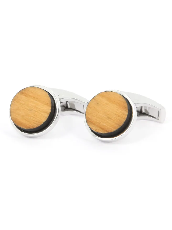 Boutons de manchette argent massif ronds en bois de cerisier compiègnes