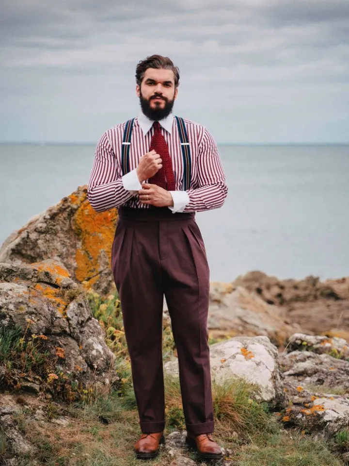 Bretelles homme rayées bleu marine et bordeaux à boutons