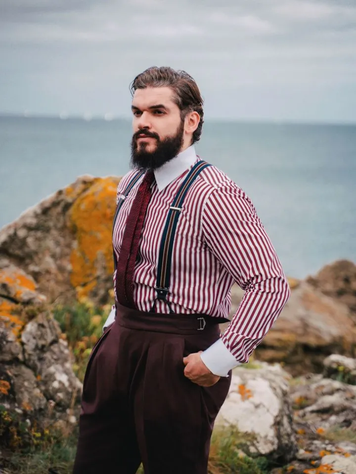 Bretelles homme rayées bleu marine et bordeaux à boutons