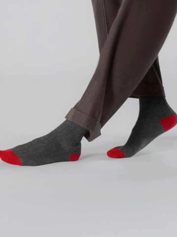 Chaussettes laine et cachemire gris et rouge