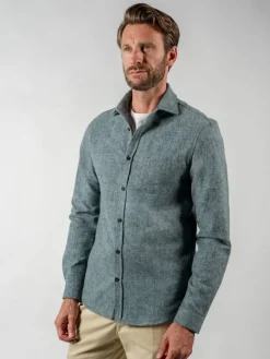 Chemise bleue en flanelle épaisse col italien