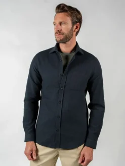 Chemise bleue marine en flanelle épaisse col italien
