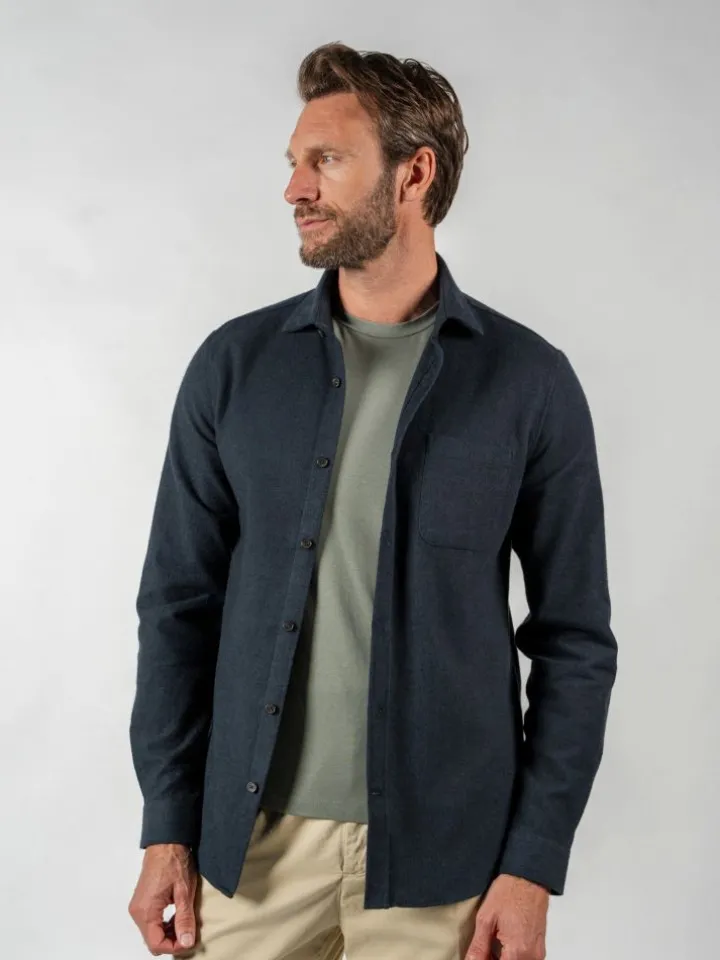 Chemise bleue marine en flanelle épaisse col italien