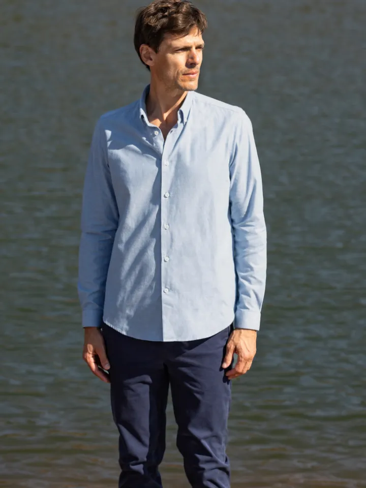 Chemise col américain en oxford japonais bleu ciel