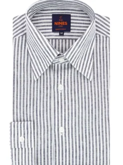 Chemise col français en lin et coton à rayures bleu marine