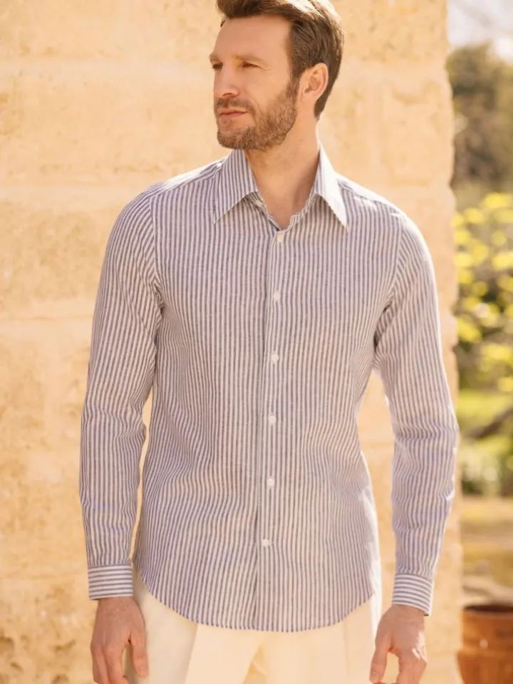 Chemise col français en lin et coton à rayures bleu marine