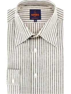 Chemise col français en lin et coton à rayures noisette