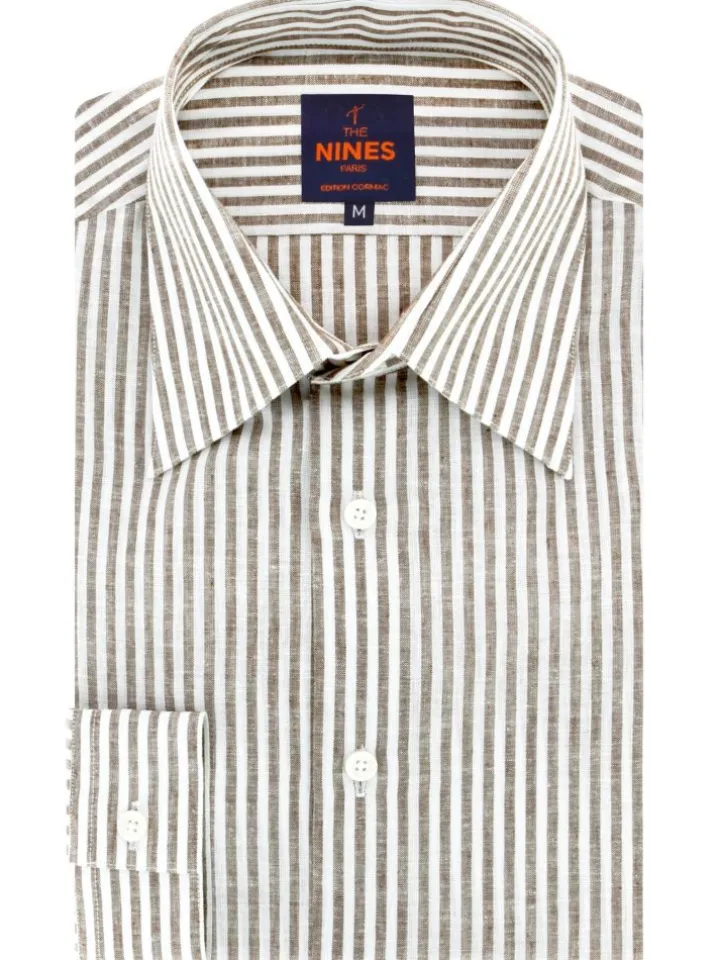 Chemise col français en lin et coton à rayures noisette