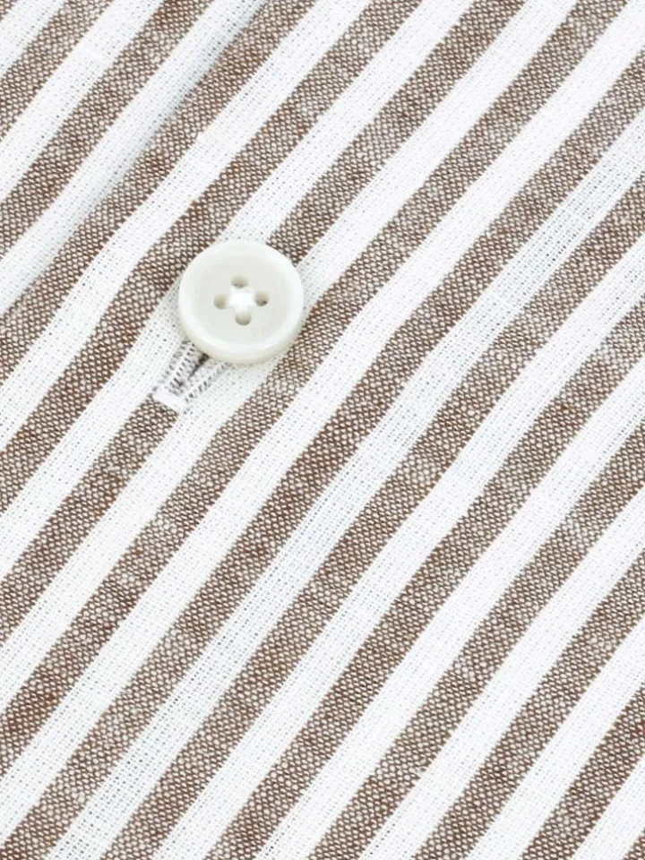 Chemise col français en lin et coton à rayures noisette