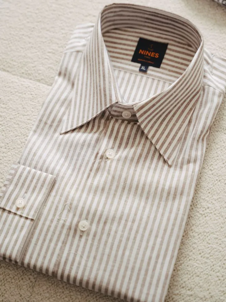 Chemise col français en lin et coton à rayures noisette