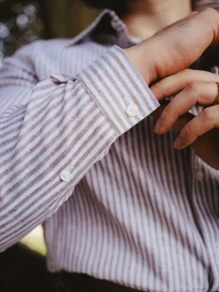 Chemise col français en lin et coton à rayures noisette