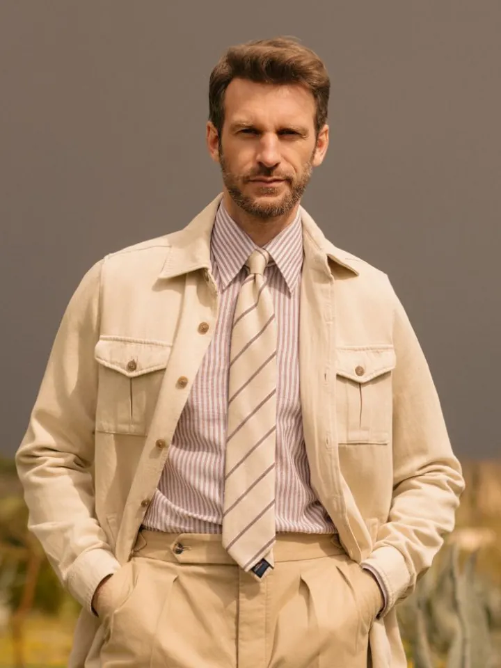 Chemise col français en lin et coton à rayures noisette