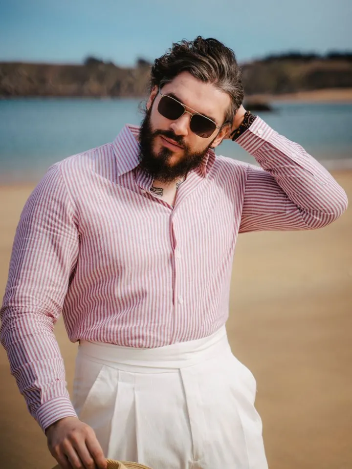 Chemise col français en lin et coton à rayures rouge