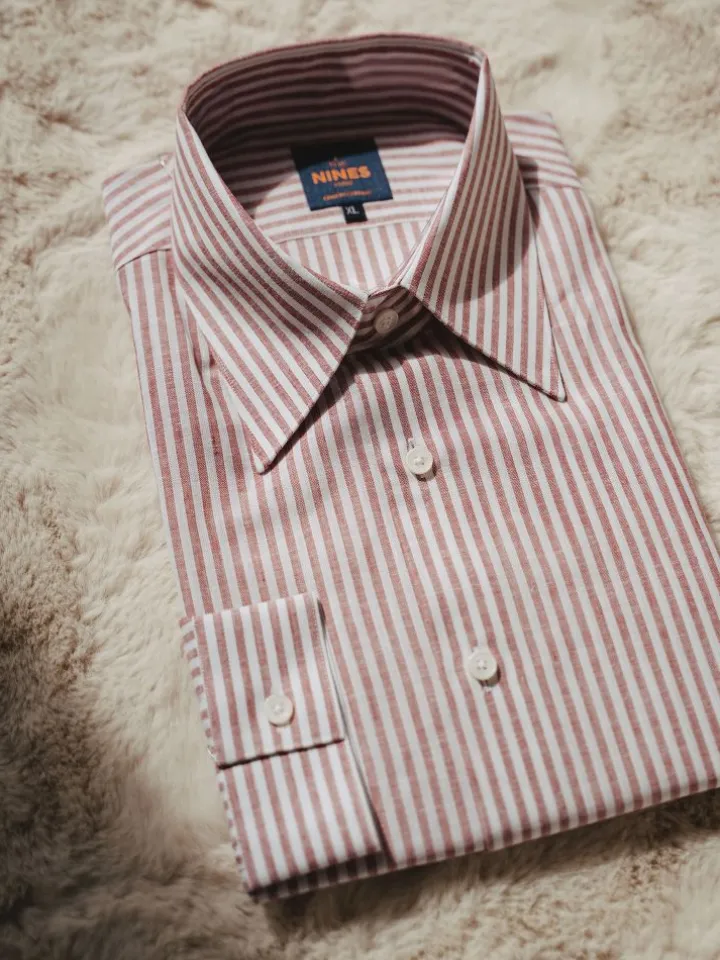 Chemise col français en lin et coton à rayures rouge