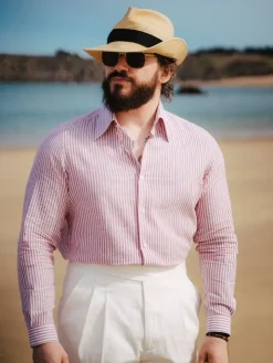 Chemise col français en lin et coton à rayures rouge