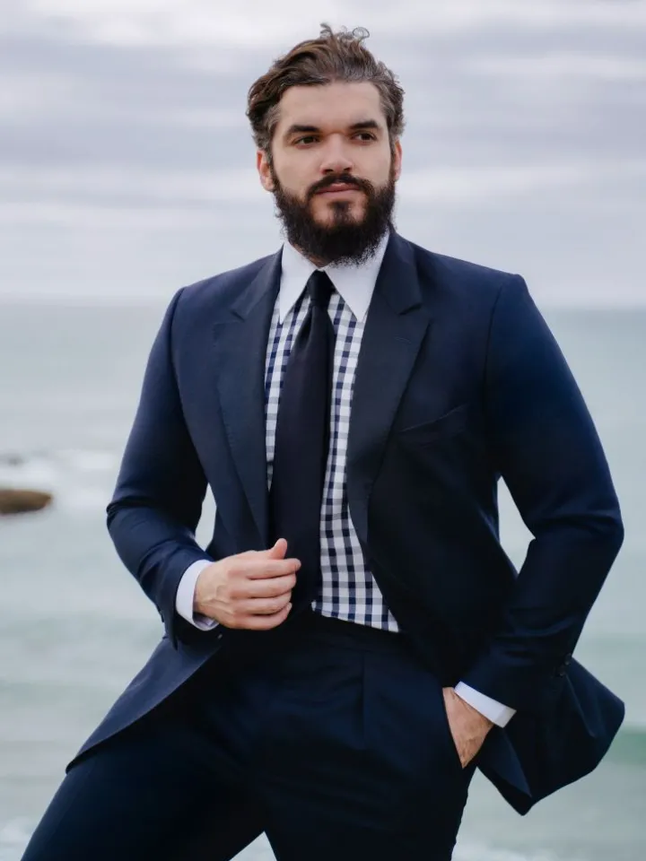 Chemise col français en twill vichy bleu marine