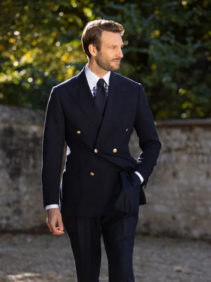 Chemise col français en twill vichy bleu marine