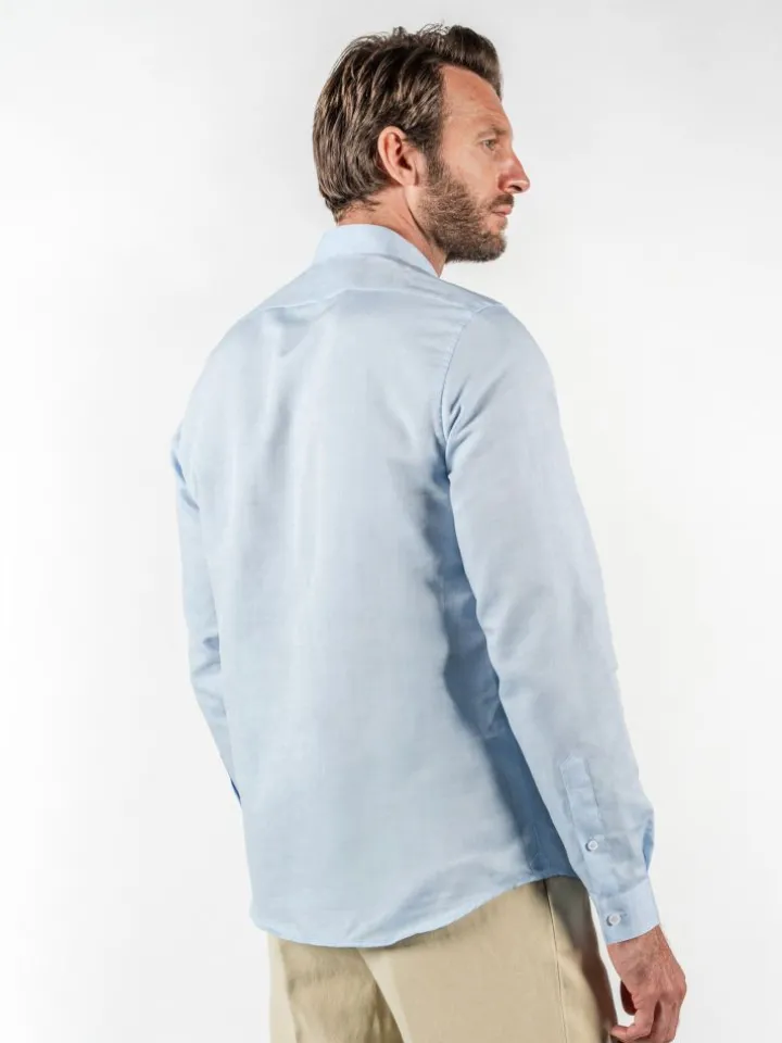 Chemise col inversé en lin et coton bleu ciel