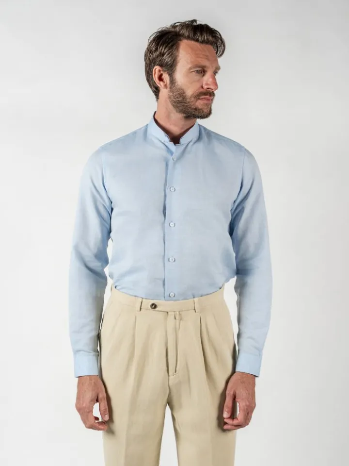Chemise col inversé en lin et coton bleu ciel