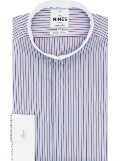 Chemise col inversé infroissable bleu ciel à rayures bordeaux