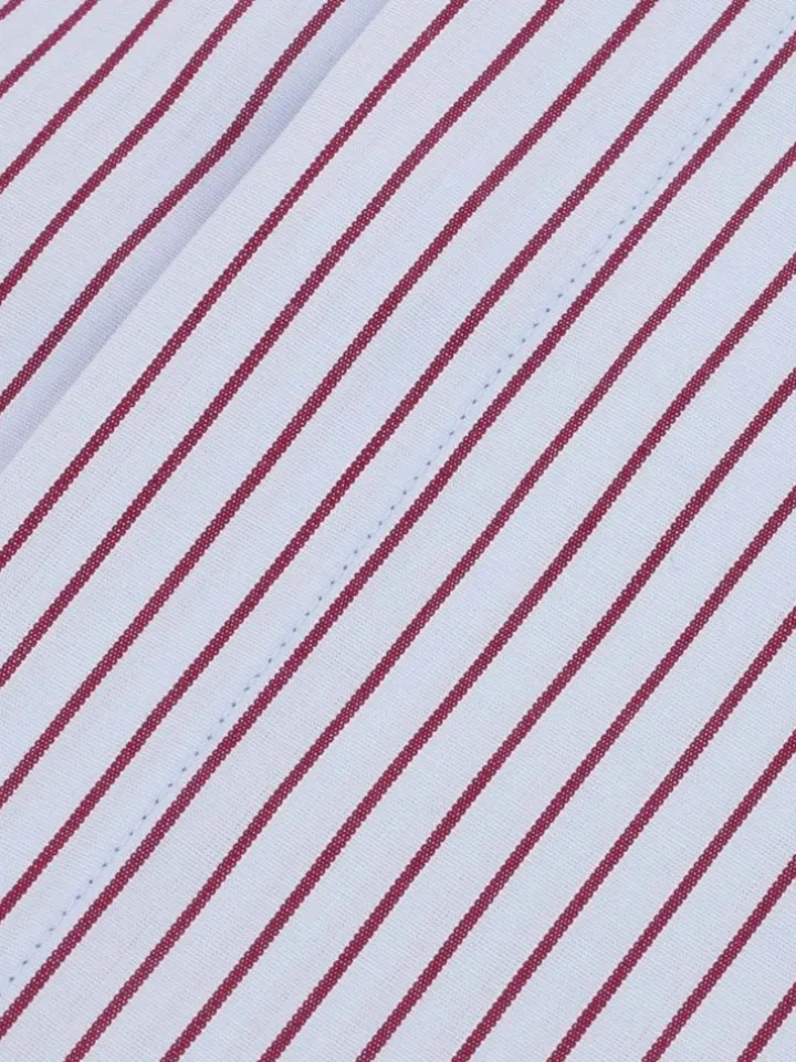 Chemise col inversé infroissable bleu ciel à rayures bordeaux