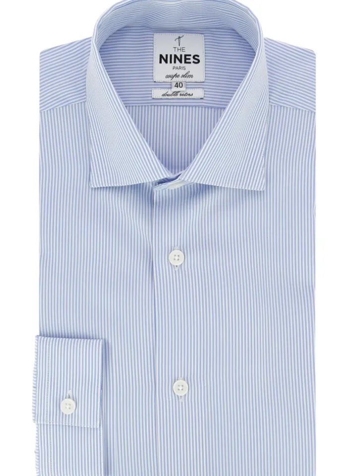 Chemise col italien à rayures bleu ciel
