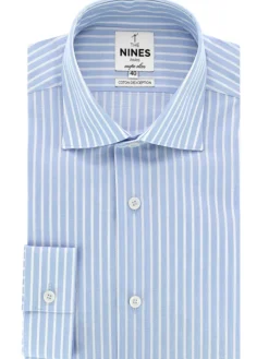 Chemise col italien à rayures bleu ciel