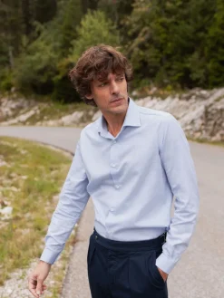 Chemise col italien coton et cachemire bleu ciel