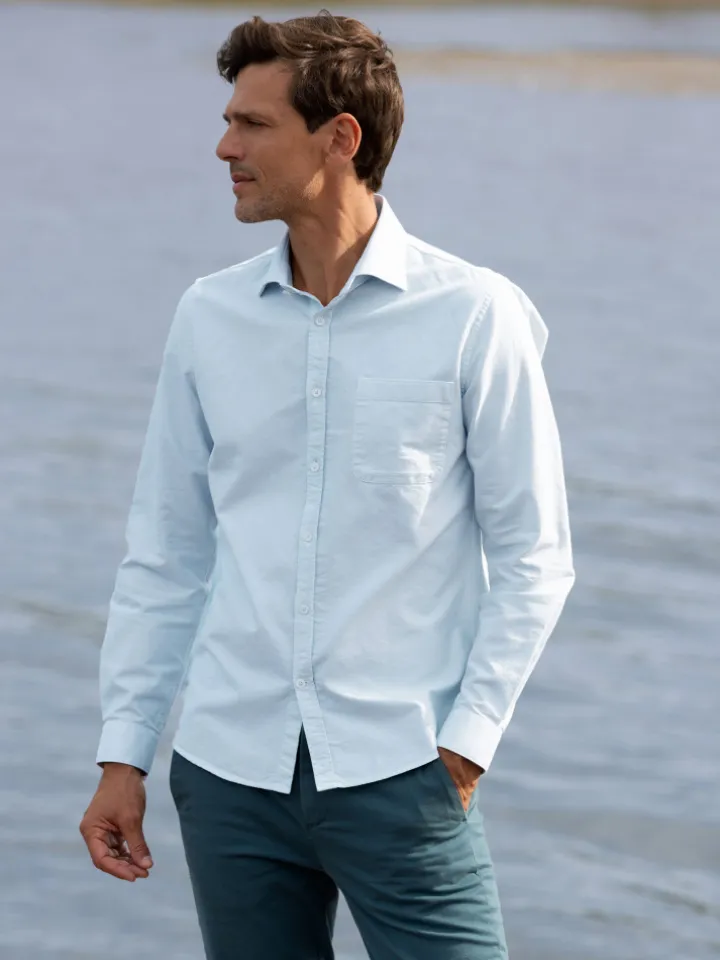 Chemise col italien en oxford bio bleu ciel