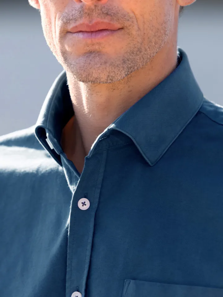 Chemise col italien en oxford bio bleu orage