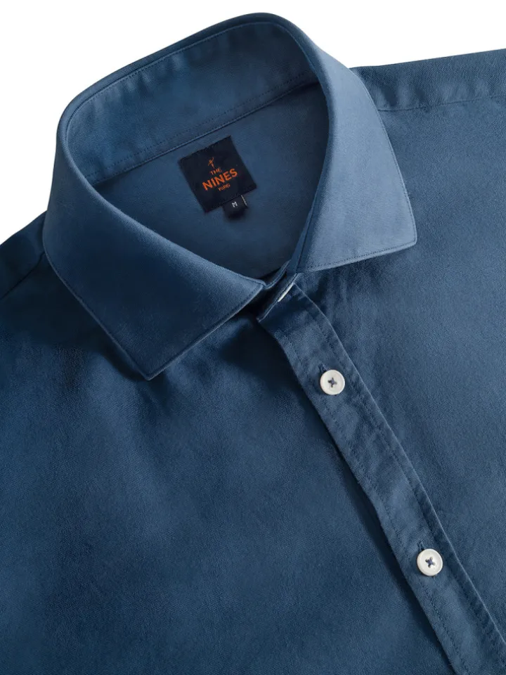 Chemise col italien en oxford bio bleu orage