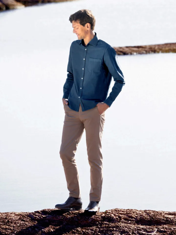 Chemise col italien en oxford bio bleu orage