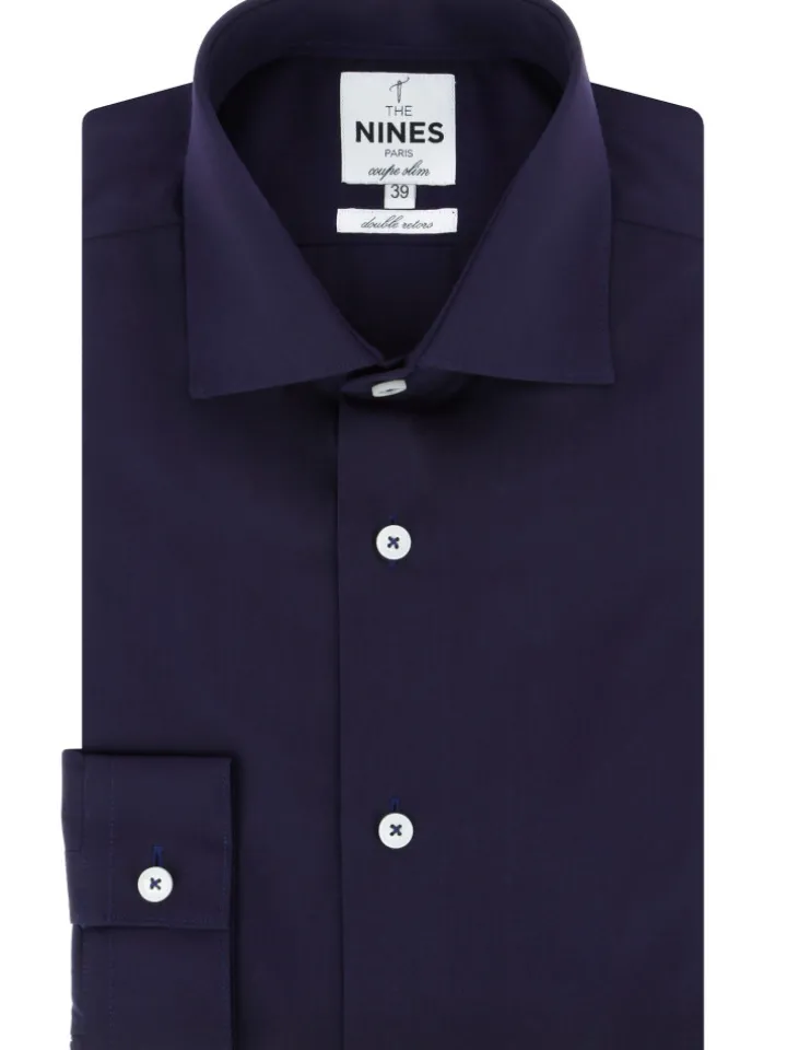 Chemise col italien en popeline bleu marine