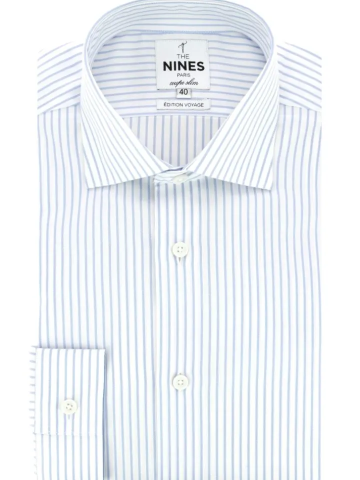Chemise col italien infroissable à rayures bleu ciel