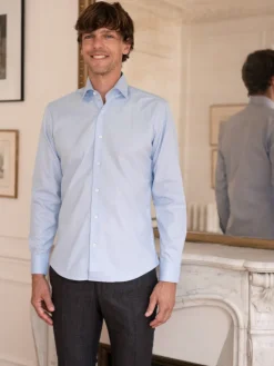 Chemise col italien popeline bleu ciel
