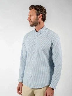 Chemise col mao en oxford japonais à rayures bleu ciel
