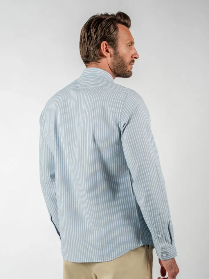 Chemise col mao en oxford japonais à rayures bleu ciel