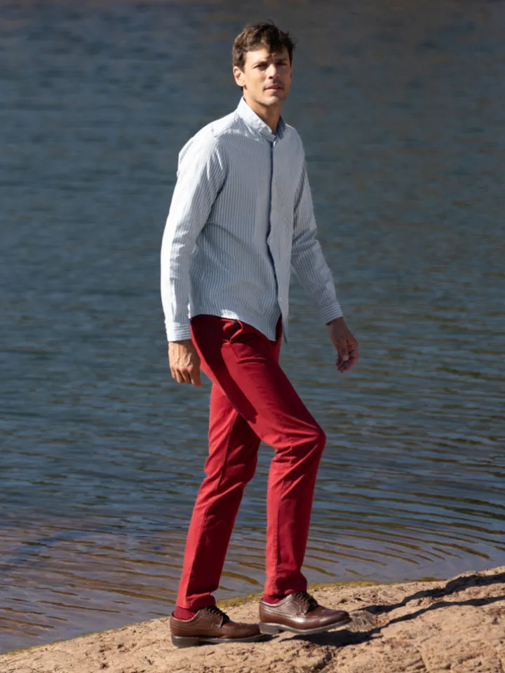 Chemise col mao en oxford japonais à rayures bleu ciel