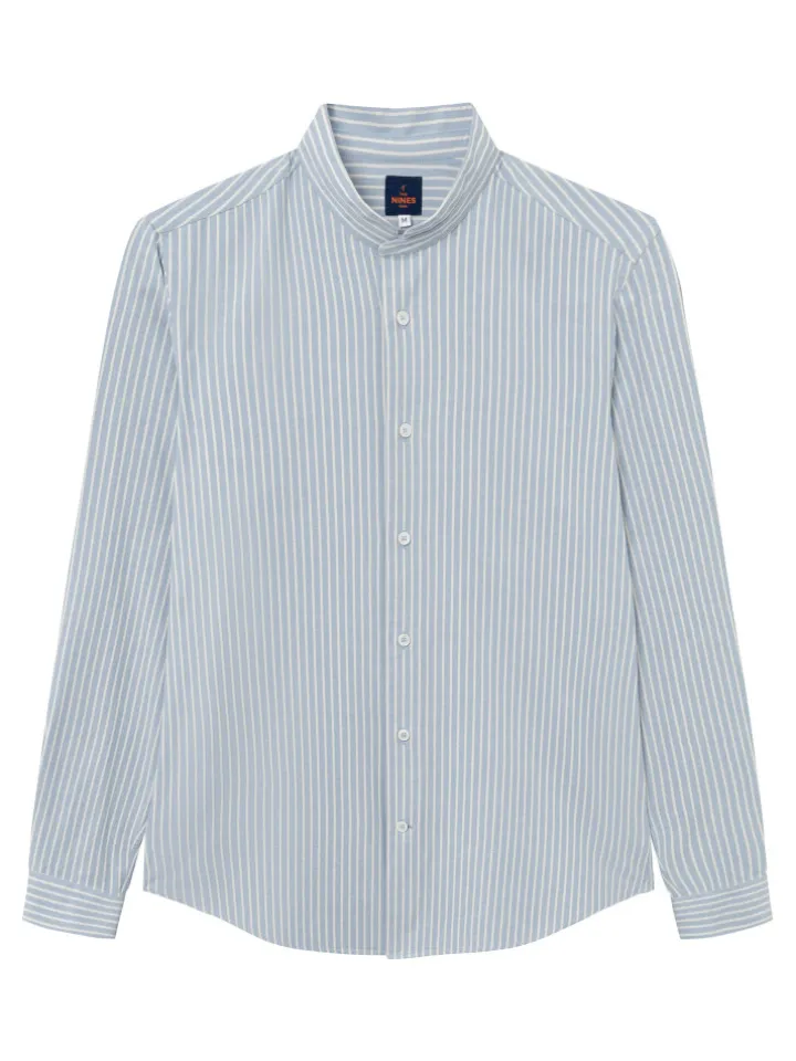 Chemise col mao en oxford japonais à rayures bleu ciel