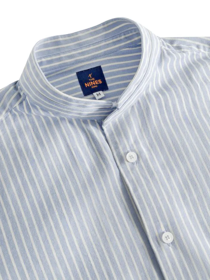 Chemise col mao en oxford japonais à rayures bleu ciel