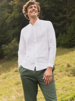 Chemise col mao en oxford gratté blanche