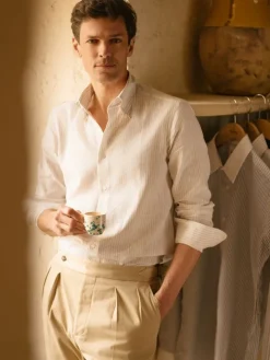 Chemise col napolitain à rayures beiges