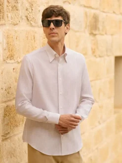 Chemise col napolitain à rayures beiges