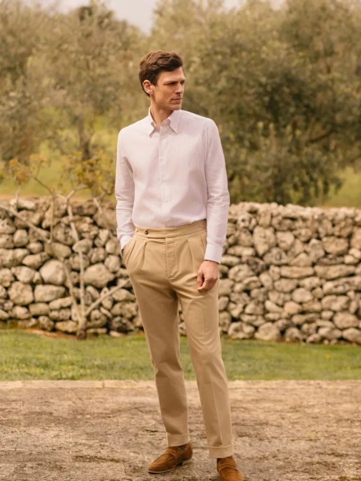 Chemise col napolitain à rayures beiges