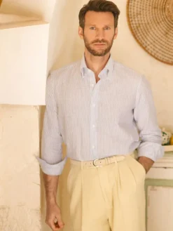 Chemise col napolitain à rayures bleues