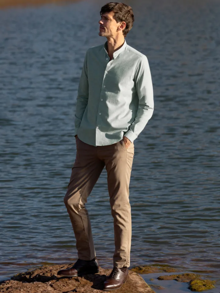 Chemise col officier en oxford japonais vert