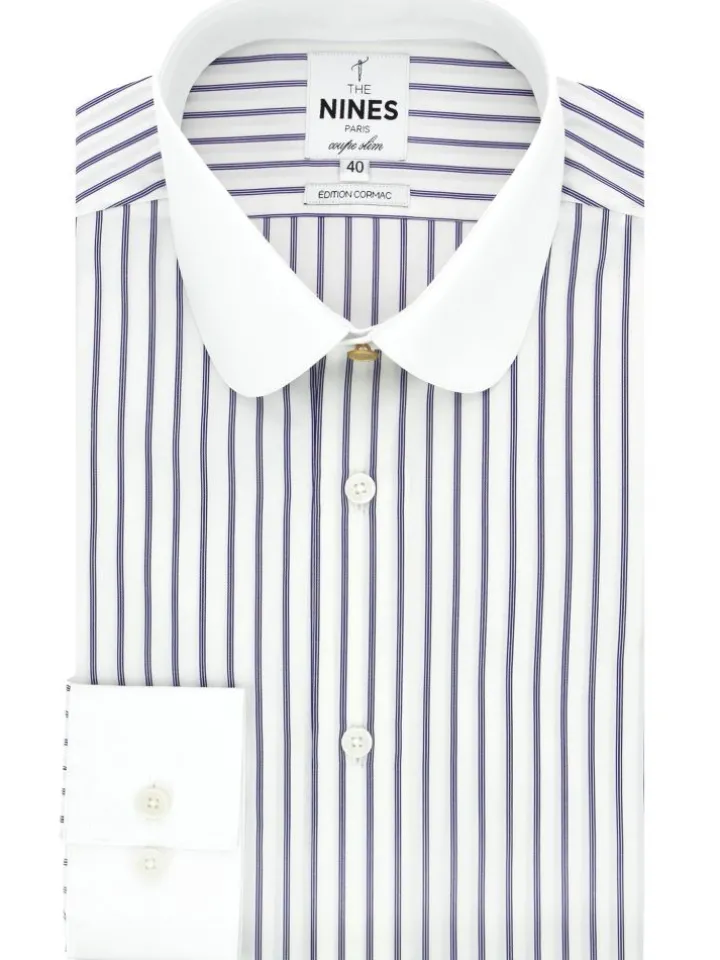 Chemise col rond à triples rayures bleu marine
