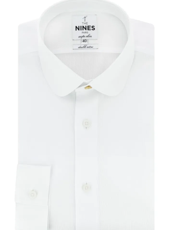 Chemise col rond en dobby blanc avec bouton doré