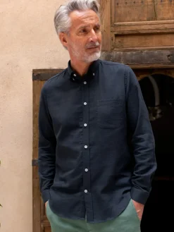 Chemise en gaze de coton bleu marine col américain