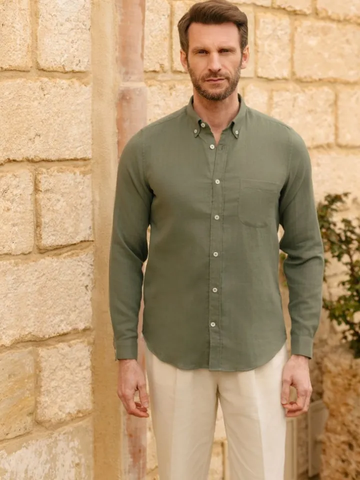 Chemise en gaze de coton verte col américain